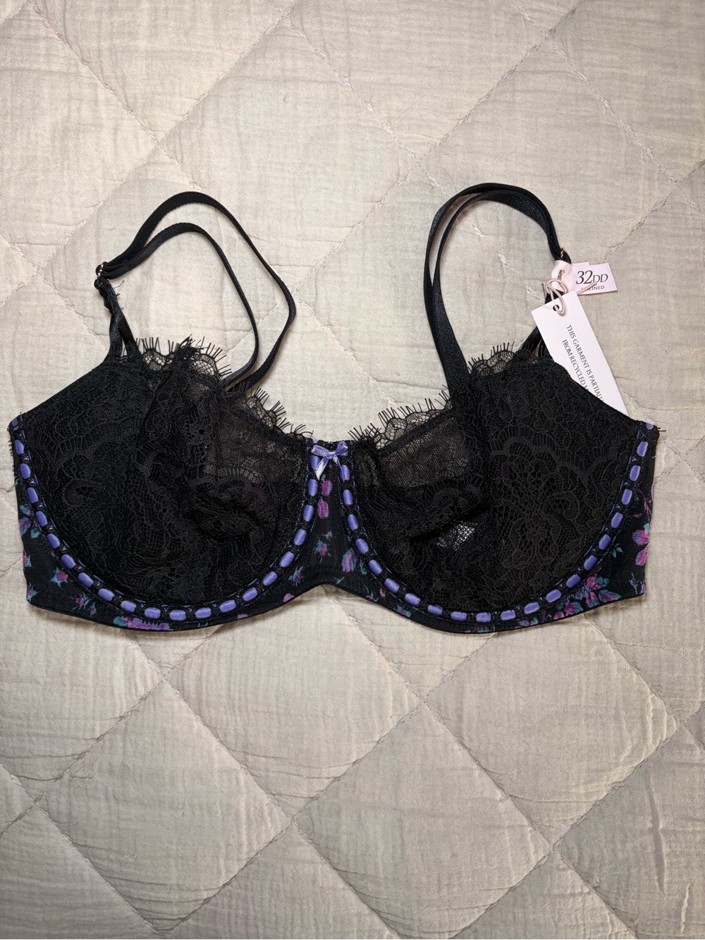 Victoria's Secret Black & Purple Lace Unlined Bra with Underwire 32DD